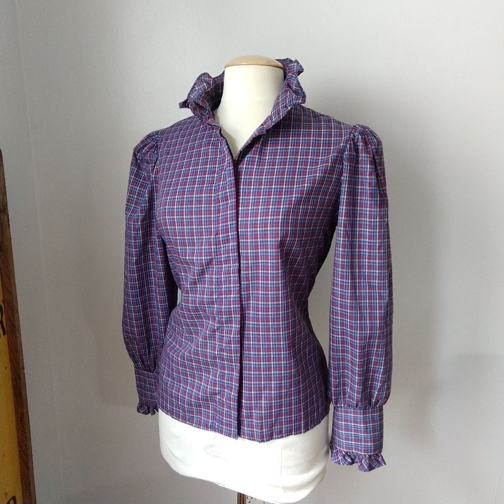 Vintage Plaid Puff Sleeve Ruffle Collar Blouse
